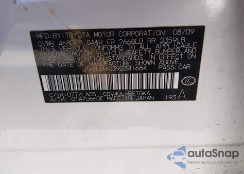 2009 Lexus Es 350 z USA, uszkodzony, nr VIN JTHBJ46G392341684